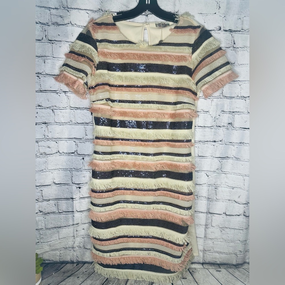 Twenty Easy by Kaos Dress Sequin Fringe Stripes Pink Blue White Cocktail Party L